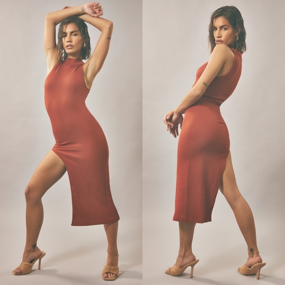 NWT Rust Structured Contour Rib High Neck Sleeveless Midi Dress